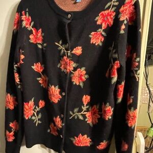 Draper James Navy Cardigan with Coral-Red Floral Embroidery